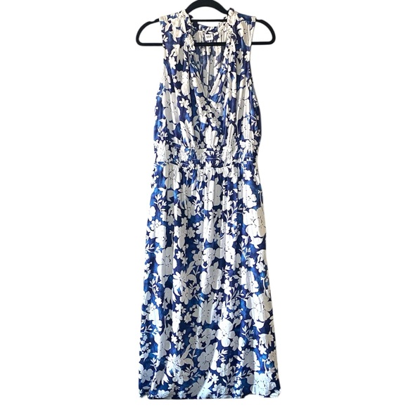 GAP Print Splitneck Maxi Dress Women’s XL Blue Floral Sleeveless Cotton Blend - Picture 3 of 14
